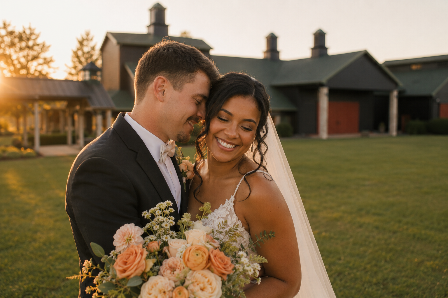 Bride and groom embracing on the lawn with The Show Barn behind them